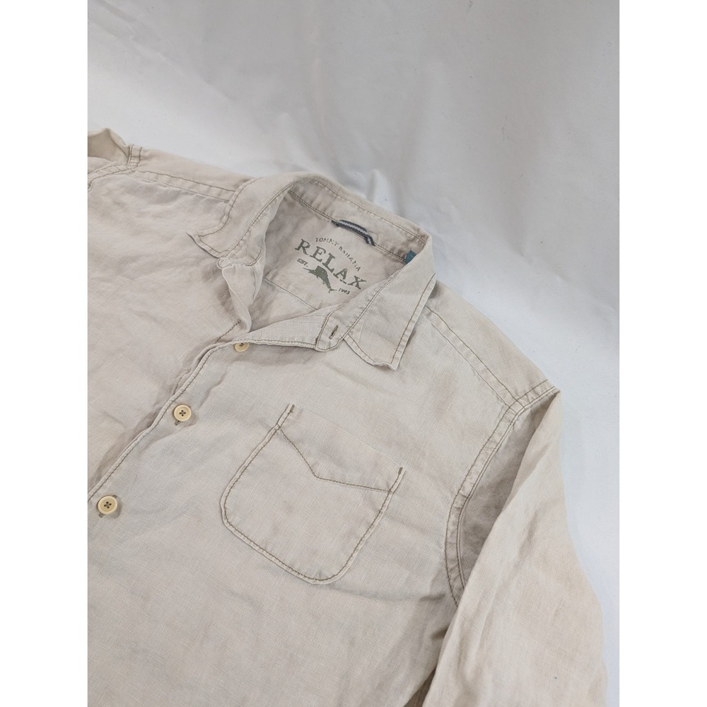 Tommy Bahama Relax Men's XL Beige 100% Linen Shirt Long Sleeves Button Up Island
